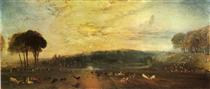 O Lago, Petworth, Pôr do sol; lutando contra veados - William Turner