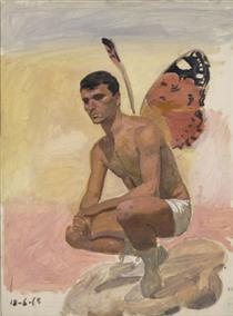 Man with butterfly wings , sitting, study from life - Яніс Царухіс